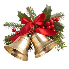 Christmas bells with red ribbon, holly and berries isolated on transparent background