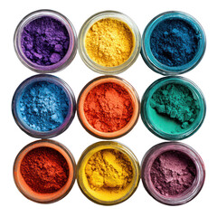 Vibrant pigment powders in small jars displayed in a grid