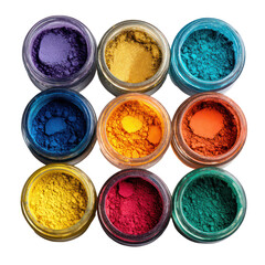Nine jars of vibrant pigment powders in a grid formation