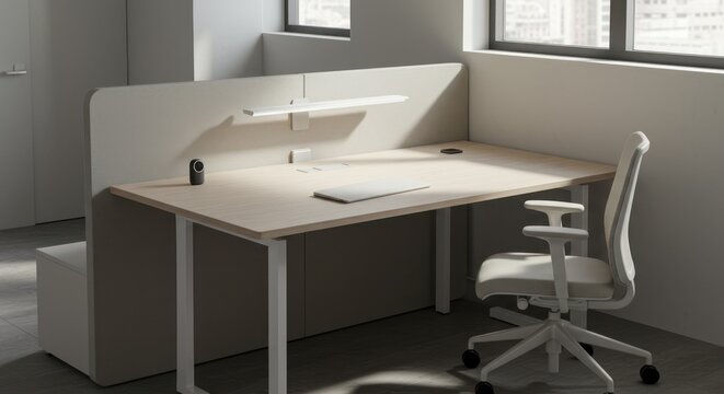 Modern office desk setup with chair and natural light from window