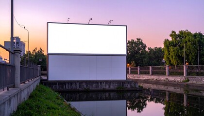 Fototapeta premium Empty Billboard by Canal at Dusk, Urban Setting