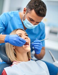 Fototapeta premium Intense dental exam with doctor and patient for perfect smile.