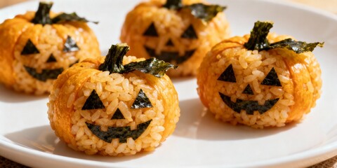 Pumpkin shaped rice balls with carved nori faces on white plate cute Halloween food concept