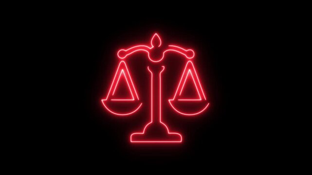 Abstract neon glowing Scales of justice icon isolated on black background. Court of law symbol. Balance scale sign.