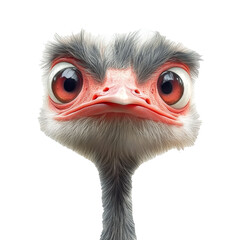 Close-up portrait of ostrich head looking into camera, isolate on transparent white background