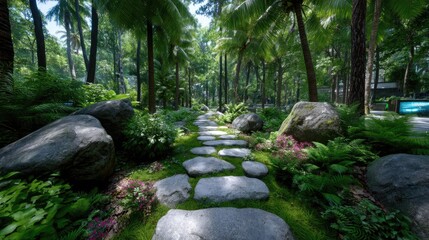Lush Jungle Pathway with Stone Steps and Green Foliage in Tropical Setting Cinematic Light