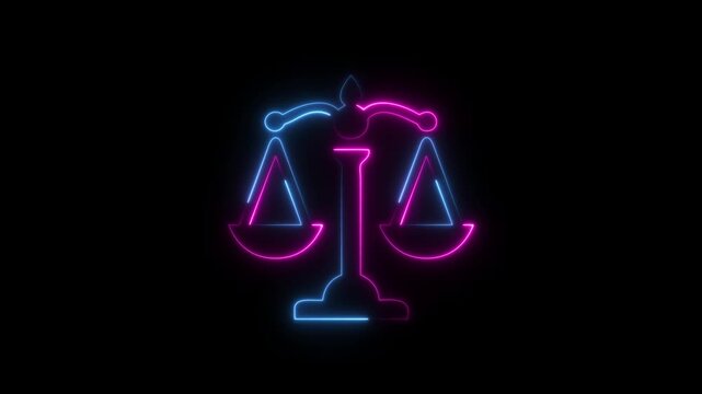 Abstract neon glowing Scales of justice icon isolated on black background. Court of law symbol. Balance scale sign.