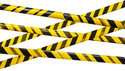A series of diagonal black and yellow striped caution tapes crisscrossing each other.