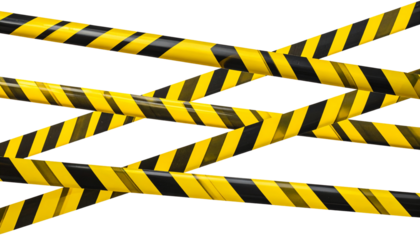 A series of diagonal black and yellow striped caution tapes crisscrossing each other.