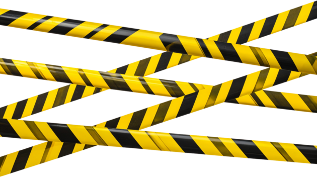 A series of diagonal black and yellow striped caution tapes crisscrossing each other.