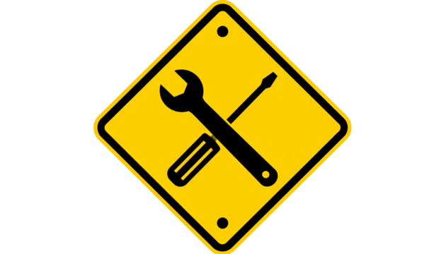 A yellow caution sign featuring a wrench and screwdriver crossed in the center, indicating maintenance or repair work.