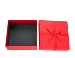 A vibrant red gift box with a ribbon, partially opened to reveal its interior space.