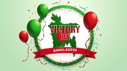 Bangladesh victory day vector poster with map silhouette red and green balloons confetti circular badge bold victor day lettering for 16 december national celebration and patriotic tribute
