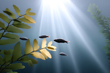 Underwater forest and sunlight filtering through create an enchanting ocean scene