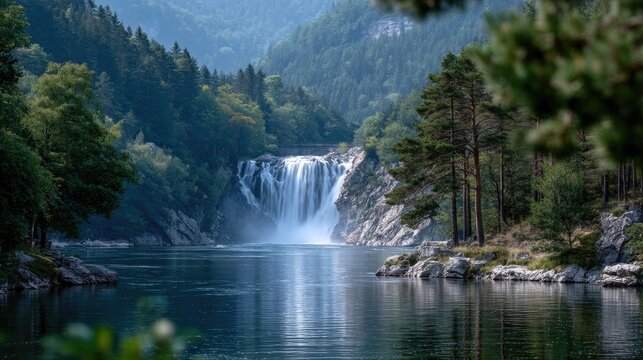 Lush Waterfall Cascading Through Green Forest Landscape on Sunny Day with Reflections in Clear Water