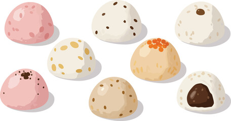 A collection of eight round, bite-sized desserts, some with speckles and others with fillings, arranged on a white background.