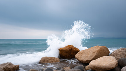 Ocean swell approaches rocky shore, feeling power of nature