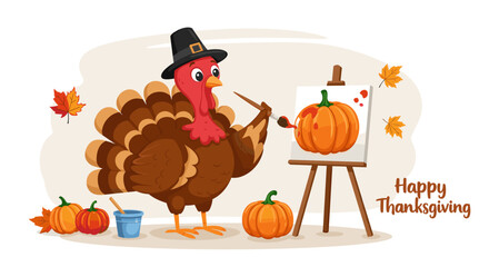 Fototapeta premium Turkey painting pumpkins on canvas with autumn leaves for Thanksgiving 