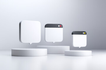 Three sharp square dialog boxes float peacefully on minimalist pedestals