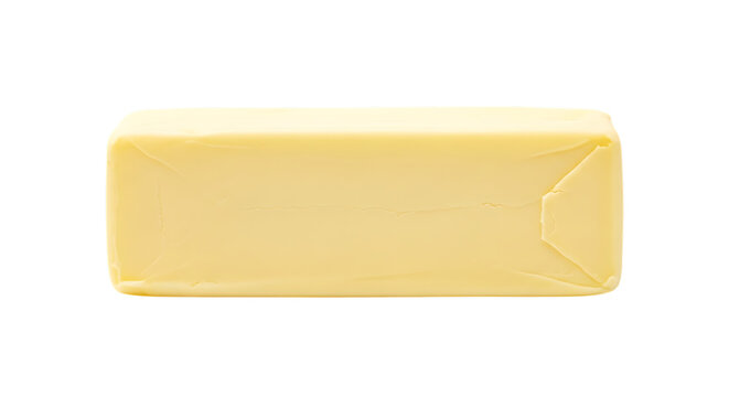 Isolated stick of butter block dairy product cooking ingredient baking fat spreadable creamy yellow food item 100g transparent background