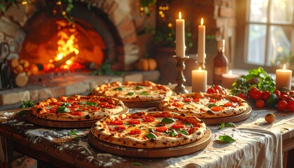 Pizza by a rustic wood-fired oven