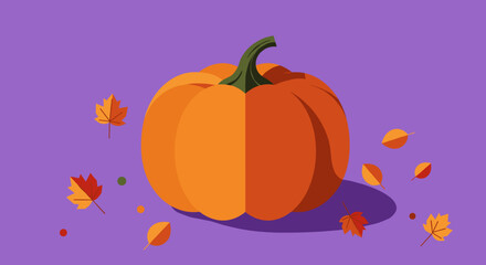 Obraz premium Orange pumpkin on purple background with autumn leaves for Thanksgiving 