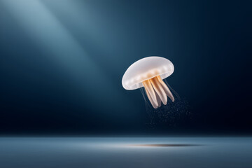 Translucent jellyfish swims peacefully in dark water