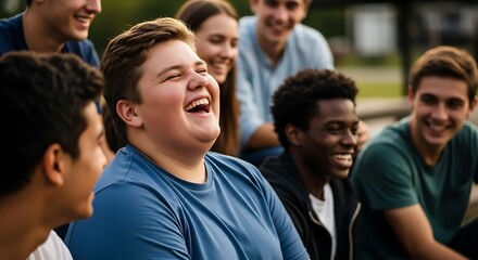 A joyful overweight male teenager shares a genuine laugh with his diverse group of friends outdoors, highlighting youth and camaraderie.