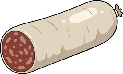 A cartoon illustration of a large, cut sausage, possibly salami, showing its meaty, speckled interior.