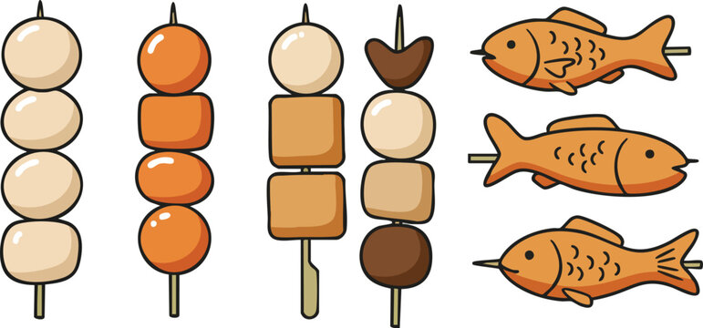 Various skewers of food items, including fish and different types of balls.