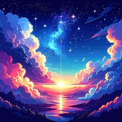 Pixelated sunrise over landscape