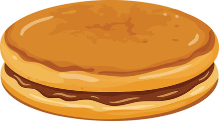 Close-up view of a round, golden-brown Japanese pancake sandwich, possibly a Taiyaki or similar dessert.