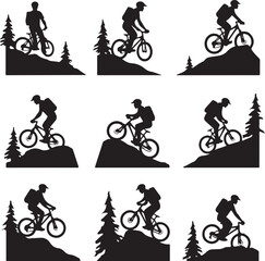 Obraz premium Mountain biker silhouettes on hills and trees mountain biking