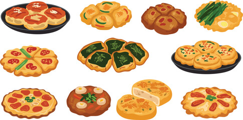 A diverse collection of traditional Asian pastries and savory pies with various fillings and toppings, presented on a white background.
