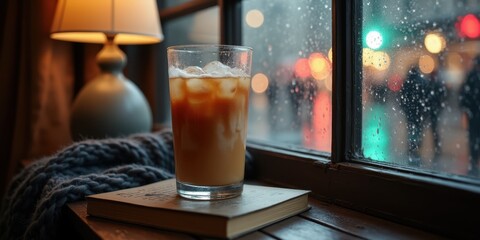Cozy Rainy Day Scene with Iced Tea by a Window in a Cafe