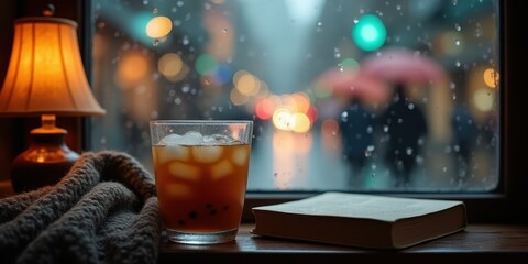 Cozy Cafe Scene with Milk Tea on Rainy Day by Window