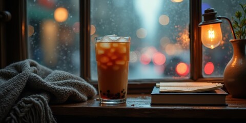 Cozy Cafe Scene with Drink Near Rainy Window and Warm Lighting