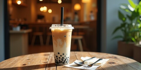 Refreshing Bubble Tea on Wooden Table in Cozy Cafe Setting
