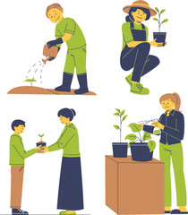 Flat Line Illustrations Depicting Sustainable Planting Activities Including Watering, Tree Hugging, and Eco Teaching Moments