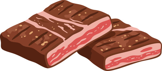 Two grilled steak slices, showing the grill marks and pink interior.