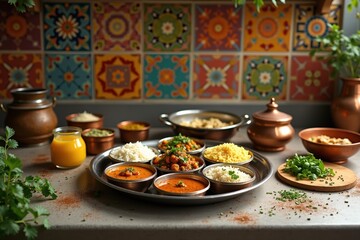 Vibrant Vegetarian Thali Setup in Colorful Kitchen Background