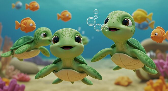  3D animated turtle babies with blowing tiny bubbles while playing with small fishes