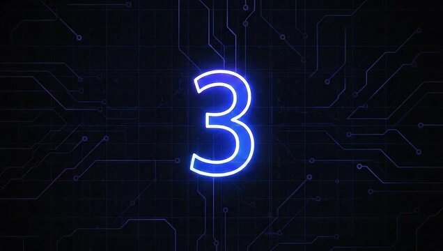Neon countdown timer showing number five with glitch effect on circuit board background for technology or gaming stream, video countdown, digital start