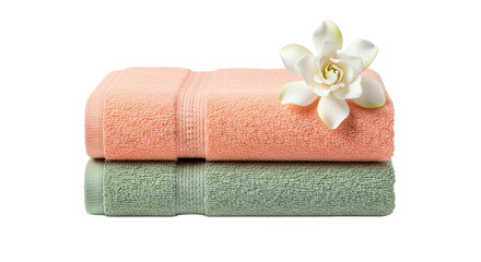 Isolated soft terry towels with flower for spa relaxing treatment, wellness care concept