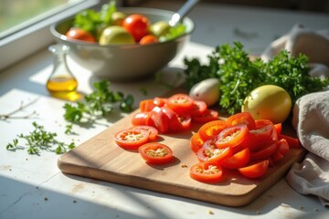 Freshly Sliced Tomatoes on Wooden Board with Salad Ingredients