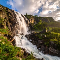 Majestic waterfall cascading through rocky mountains