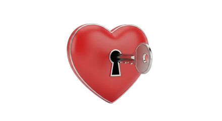 Isolated heart-shaped padlock with key inserted, love metaphor, concept of unlocking passion