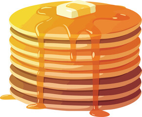 A stack of golden pancakes with melting butter and flowing maple syrup, a delicious breakfast.