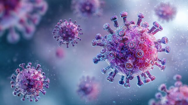Colorful Virus Structures in Pink and Purple with Protrusions and Circular Elements on Gradient Blue-Purple Background, Microscopic Virus Visualization