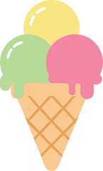 A colorful illustration of a triple scoop ice cream cone with three different flavors.